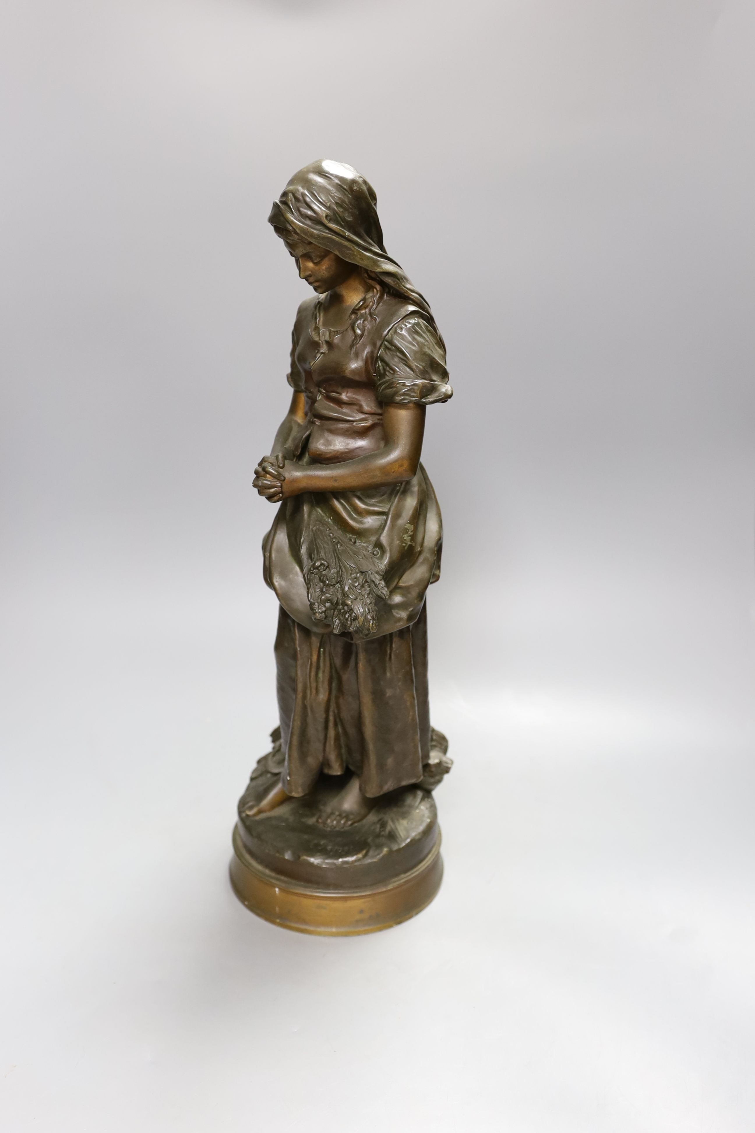 Emile Edmond Peynot (1850-1932), bronze of a girl with flowers in her apron 46cm